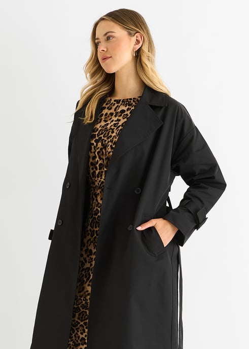 Zwarte longline Trenchcoat met dubbele borst en riem - Image 3