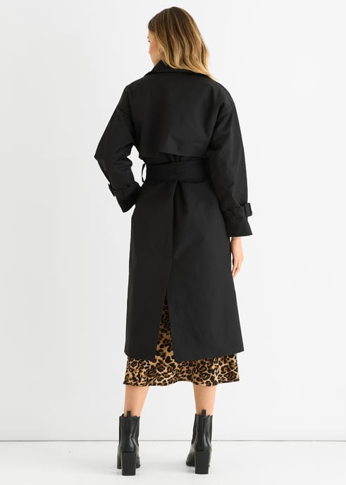 Zwarte longline Trenchcoat met dubbele borst en riem - Image 4