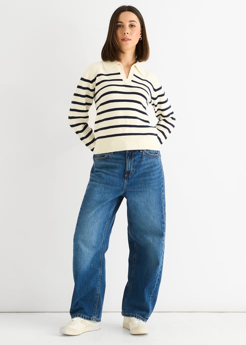 Cream Stripe V Neck Collar Knit Trui - Image 1