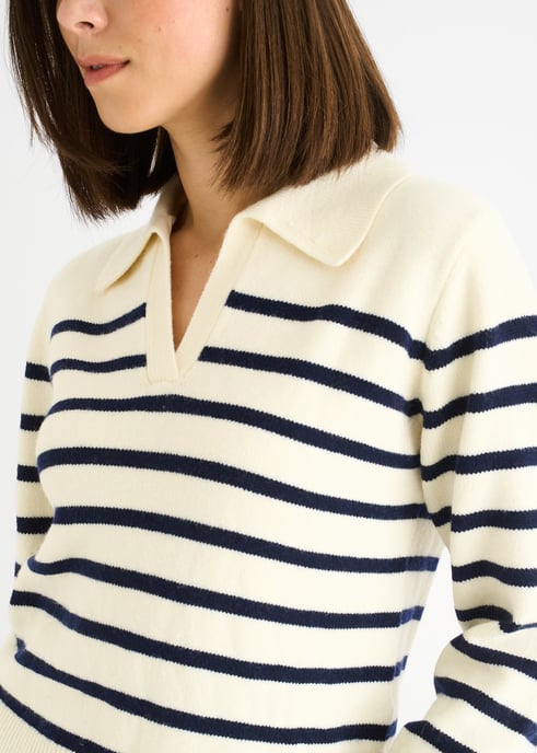 Cream Stripe V Neck Collar Knit Trui - Image 2