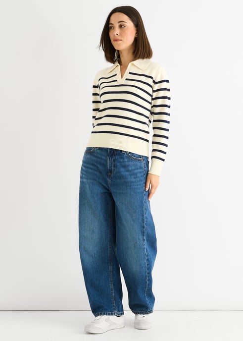 Cream Stripe V Neck Collar Knit Trui - Image 3