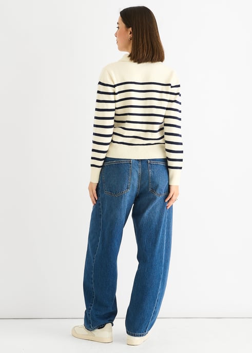 Cream Stripe V Neck Collar Knit Trui - Image 4
