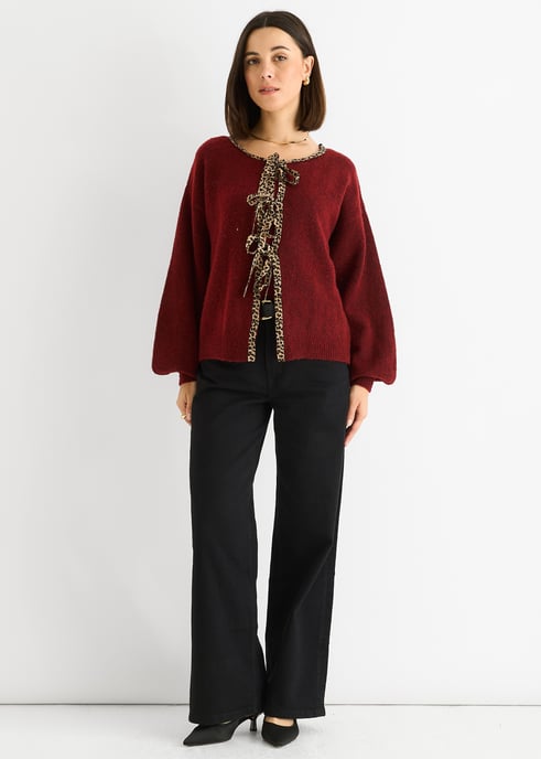 Bordeaux Contrast Dieren Stropdas Oversized Gebreide Cardigan - Image 1