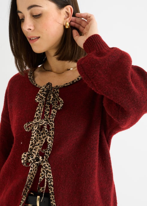 Bordeaux Contrast Dieren Stropdas Oversized Gebreide Cardigan - Image 2