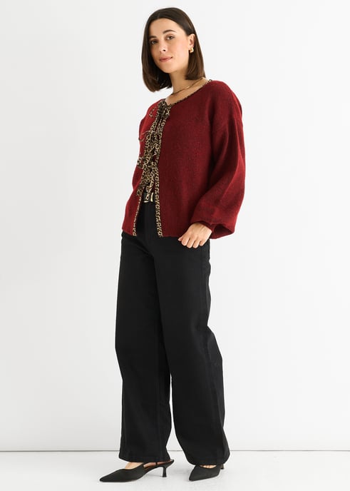 Bordeaux Contrast Dieren Stropdas Oversized Gebreide Cardigan - Image 3
