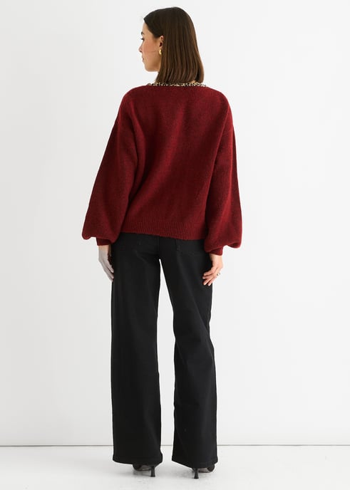 Bordeaux Contrast Dieren Stropdas Oversized Gebreide Cardigan - Image 4