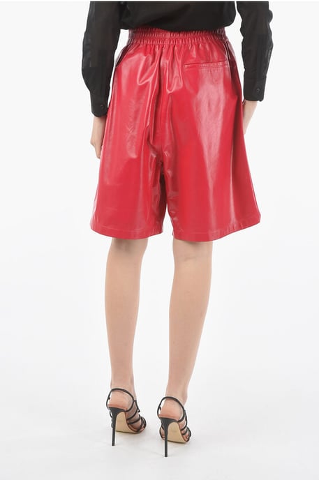 Ongevoerde korte broek van lamsleer met elastische taille in roze - Image 2