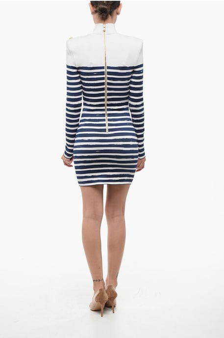 Tweekleurige gestreepte bodycon mini-jurk met gouden hartjes in Bianco, Blu - Image 2