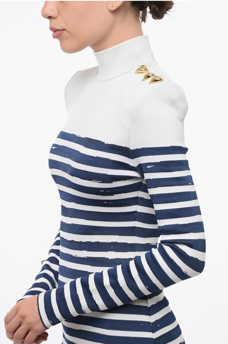 Tweekleurige gestreepte bodycon mini-jurk met gouden hartjes in Bianco, Blu - Image 3
