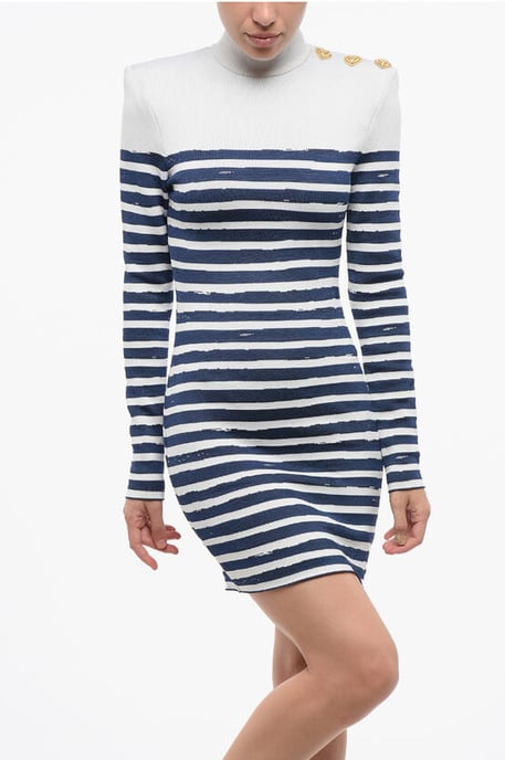 Tweekleurige gestreepte bodycon mini-jurk met gouden hartjes in Bianco, Blu - Image 4