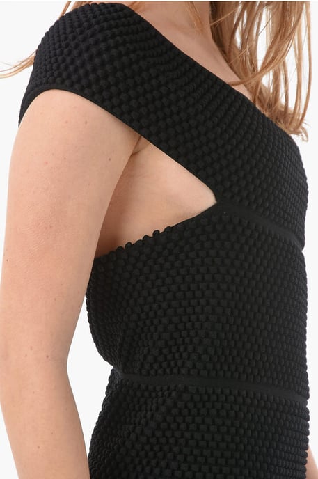 Mini-jurk met één schouder en BUBBLE KNIT in zwart - Image 3
