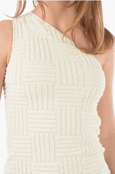 Gevlochten spons mini-jurk met één schouder van INTRECCIO TOWELLING in beige - Image 3