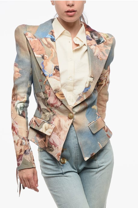 Gestreept linnen blazer met één knoop en veterdetails in veelkleurig - Image 1