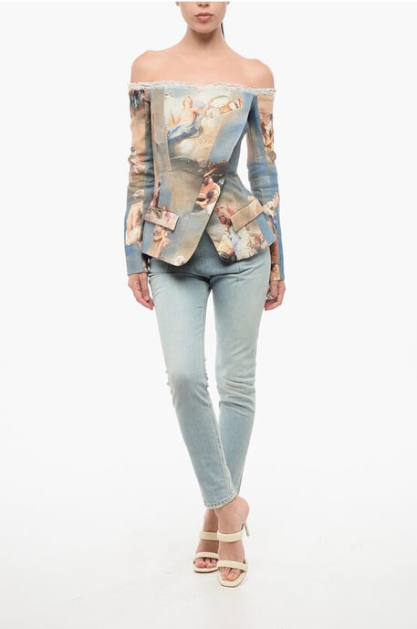 Gestreept linnen off-shoulder blazer in veelkleurig - Image 4