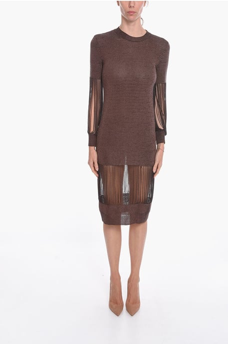 Metallic viscose gebreide midi-jurk met kettingdetails in bruin - Image 1