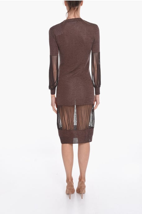 Metallic viscose gebreide midi-jurk met kettingdetails in bruin - Image 2