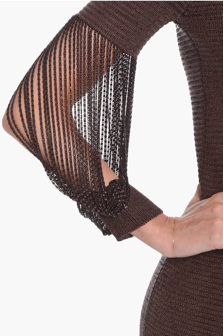 Metallic viscose gebreide midi-jurk met kettingdetails in bruin - Image 3