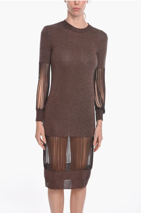 Metallic viscose gebreide midi-jurk met kettingdetails in bruin - Image 4