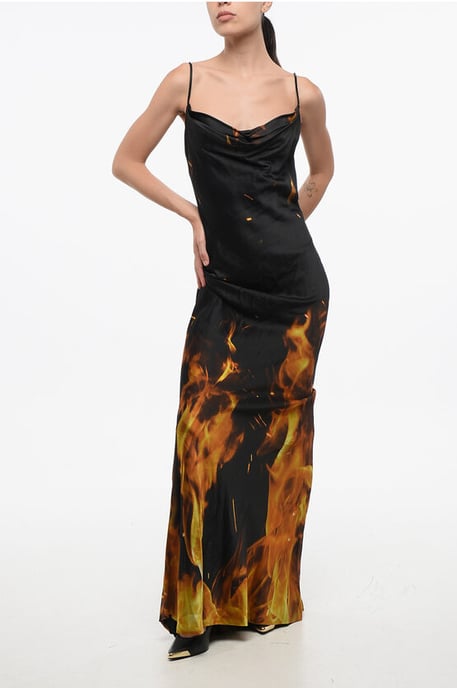 Satijnen lange jurk met vlammenprint in Arancio, Nero - Image 1