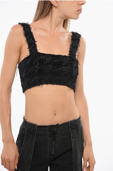 Effen crop top versierd met pailletten in zwart - Image 1