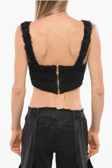 Effen crop top versierd met pailletten in zwart - Image 2