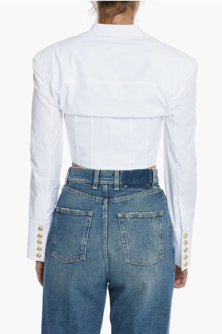 Popeline katoenen crop top met lange mouwen in wit - Image 2