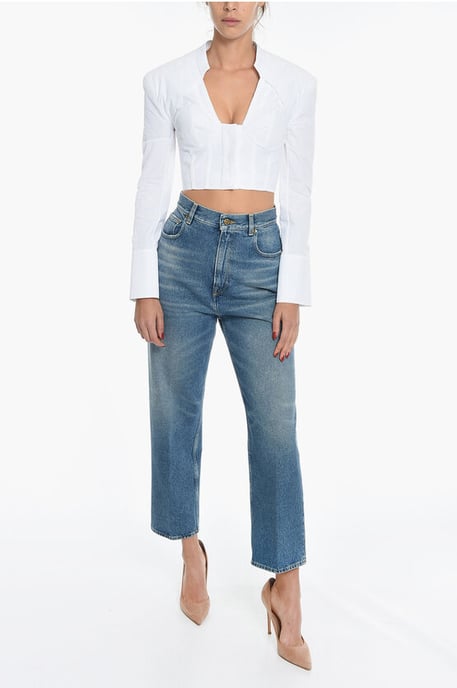 Popeline katoenen crop top met lange mouwen in wit - Image 4