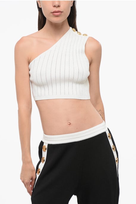 Geribbelde crop top met één schouder in wit - Image 1