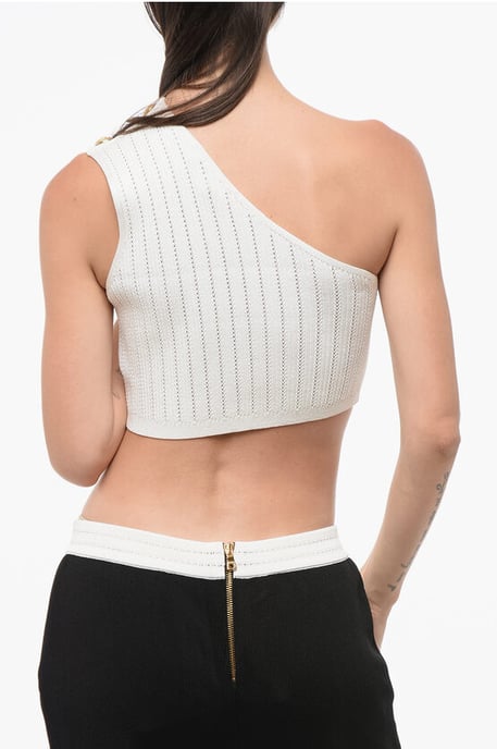 Geribbelde crop top met één schouder in wit - Image 2