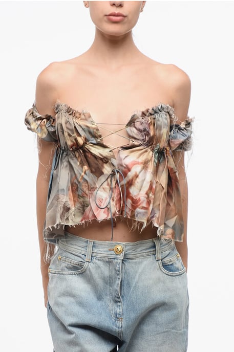 Bedrukte zijden off-shoulder top in veelkleurig - Image 1