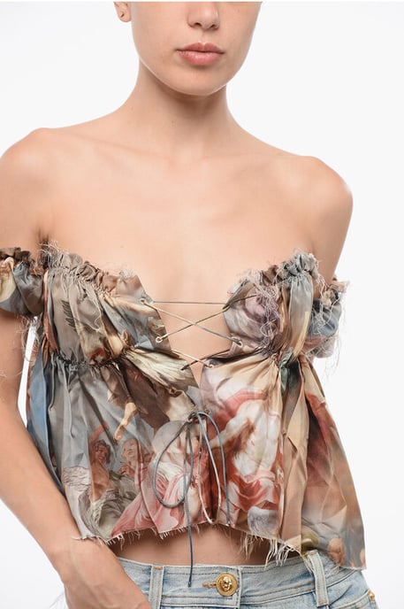 Bedrukte zijden off-shoulder top in veelkleurig - Image 3