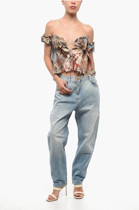 Bedrukte zijden off-shoulder top in veelkleurig - Image 4