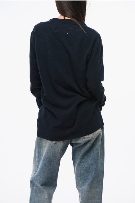 Effen V-hals vest van wol en nylon in blauw - Image 2