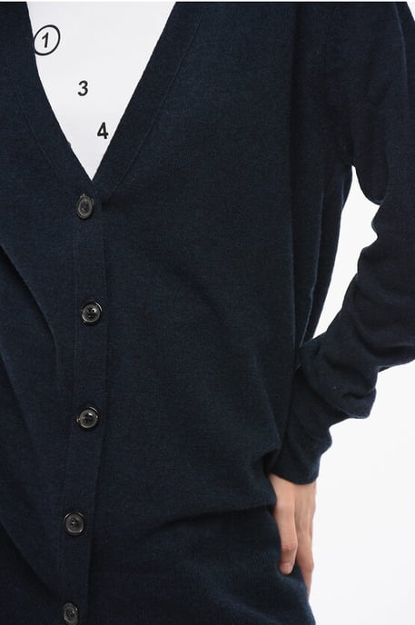 Effen V-hals vest van wol en nylon in blauw - Image 3