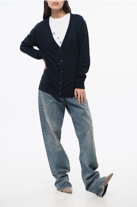 Effen V-hals vest van wol en nylon in blauw - Image 4