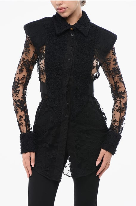 Kanten shirt met schoudervullingen in zwart - Image 1