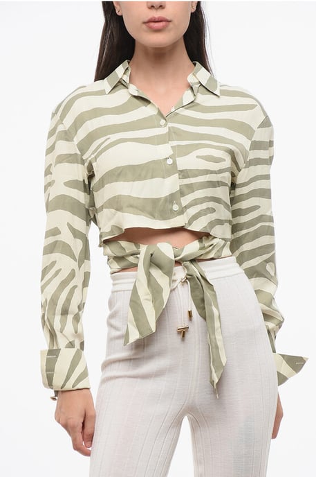 Cropped shirt met dierenmotief en knoopdetail in beige en verde - Image 1
