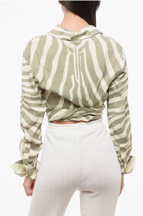 Cropped shirt met dierenmotief en knoopdetail in beige en verde - Image 2