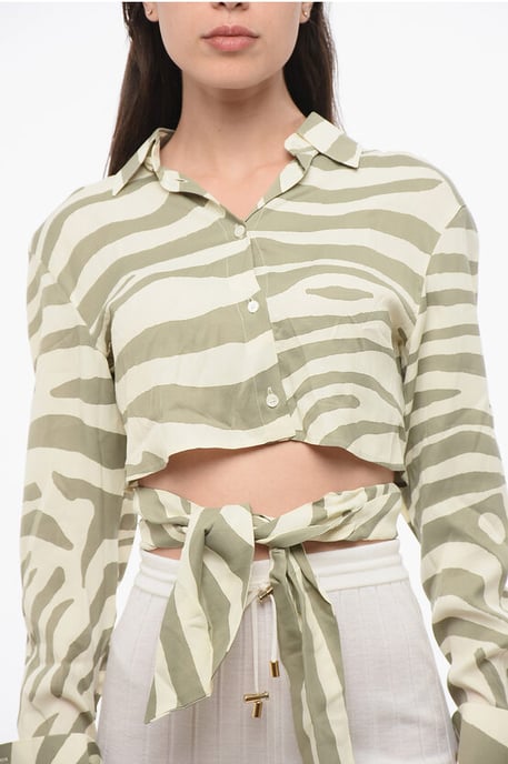 Cropped shirt met dierenmotief en knoopdetail in beige en verde - Image 3