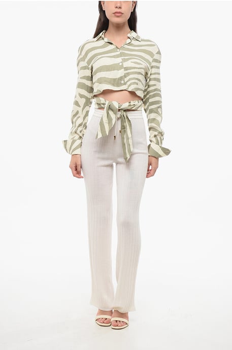 Cropped shirt met dierenmotief en knoopdetail in beige en verde - Image 4
