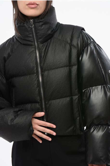 MM6 gewatteerde cropped donsjas met imitatieleren details in zwart - Image 3