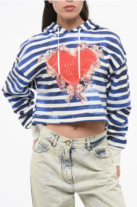 Tweekleurige gestreepte cropped hoodie met hartjesprint in Bianco, Blu - Image 1