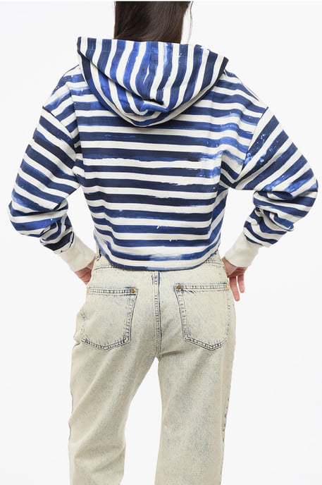 Tweekleurige gestreepte cropped hoodie met hartjesprint in Bianco, Blu - Image 2