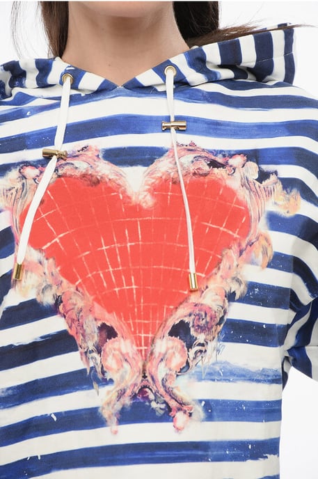 Tweekleurige gestreepte cropped hoodie met hartjesprint in Bianco, Blu - Image 3