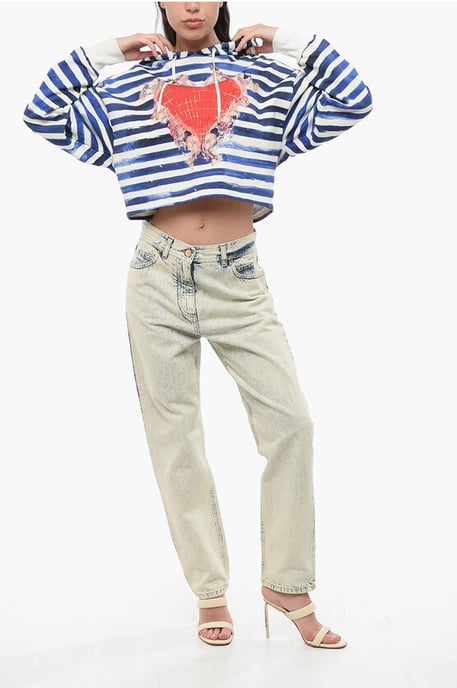 Tweekleurige gestreepte cropped hoodie met hartjesprint in Bianco, Blu - Image 4