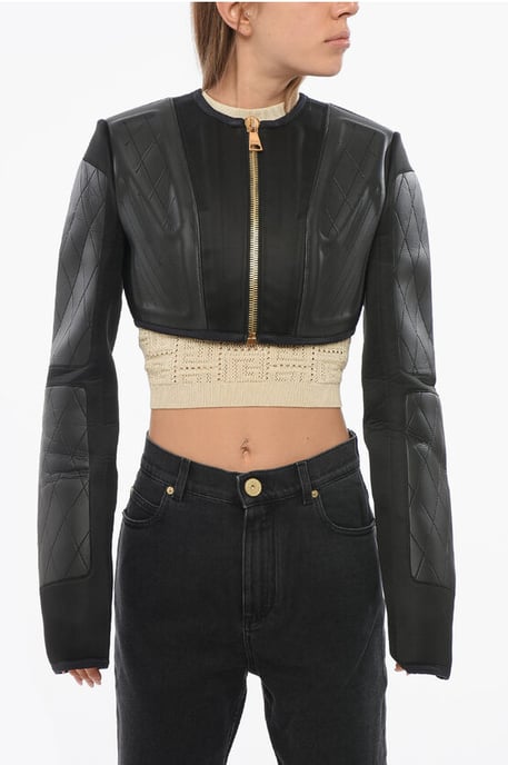 Cropped jack van technische stof met gouden rits in zwart - Image 1