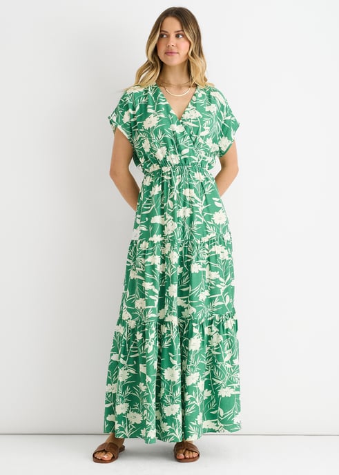 Groene maxi-jurk met bloemenprint en elastische tailleband - Image 1
