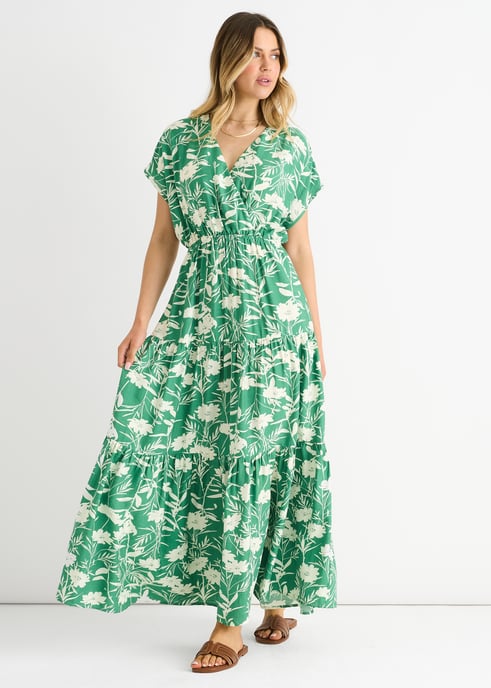 Groene maxi-jurk met bloemenprint en elastische tailleband - Image 3