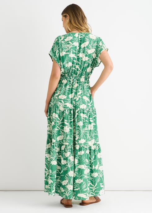 Groene maxi-jurk met bloemenprint en elastische tailleband - Image 4