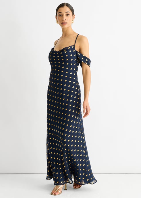 Marineblauwe maxi-jurk met col, afhangende mouwen en folieprint - Image 3